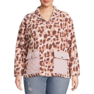 Como Vintage Half Zip Sherpa Athletic Sweater Leopard Print Brown‎ Women's Large